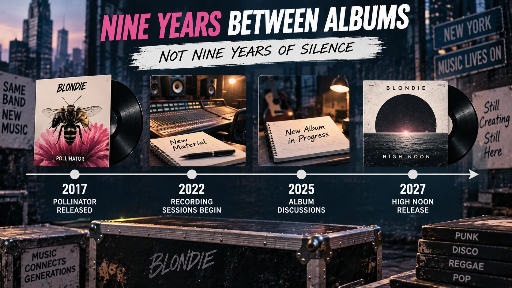 Comparison of Blondie's 2017 Pollinator album and its upcoming 2027 High Noon album, showing the recording work that happened between releases
