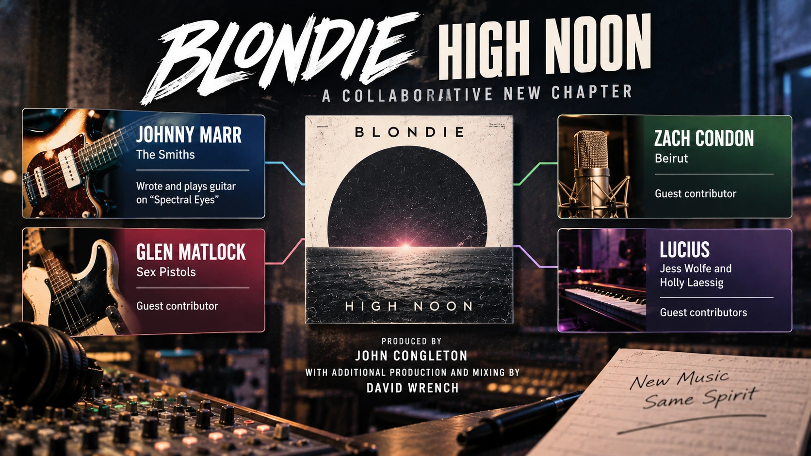 Diagram showing Blondie's High Noon album connected to guest musicians Johnny Marr, Glen Matlock, Zach Condon, and the members of Lucius