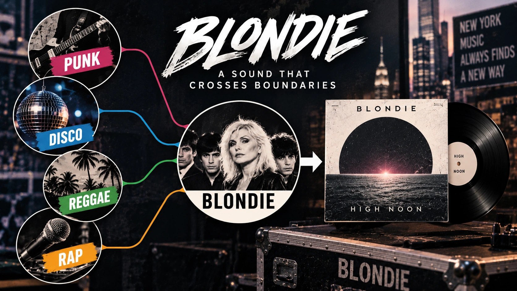 Infographic showing how Blondie combined punk, disco, reggae, and rap influences in its classic songs and continues exploring different styles with High Noon