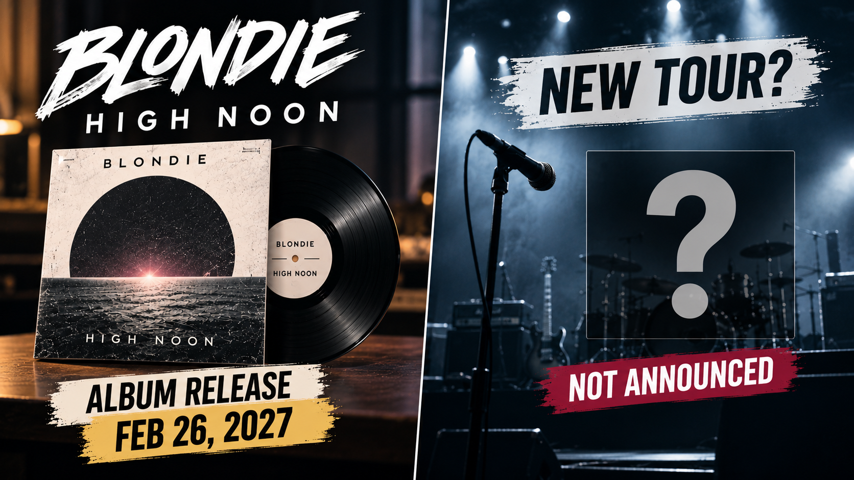 Side-by-side comparison showing Blondie's confirmed High Noon album release and the absence of a confirmed new tour announcement