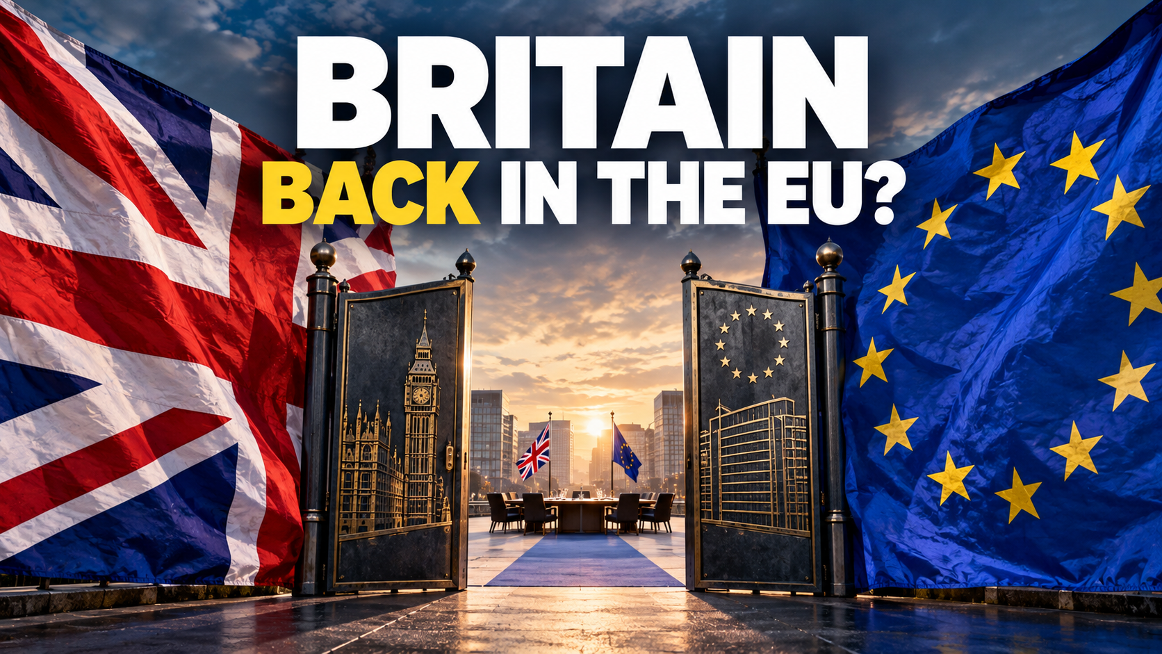 Editorial illustration of the British and European Union flags separated by a partially opening border gate.