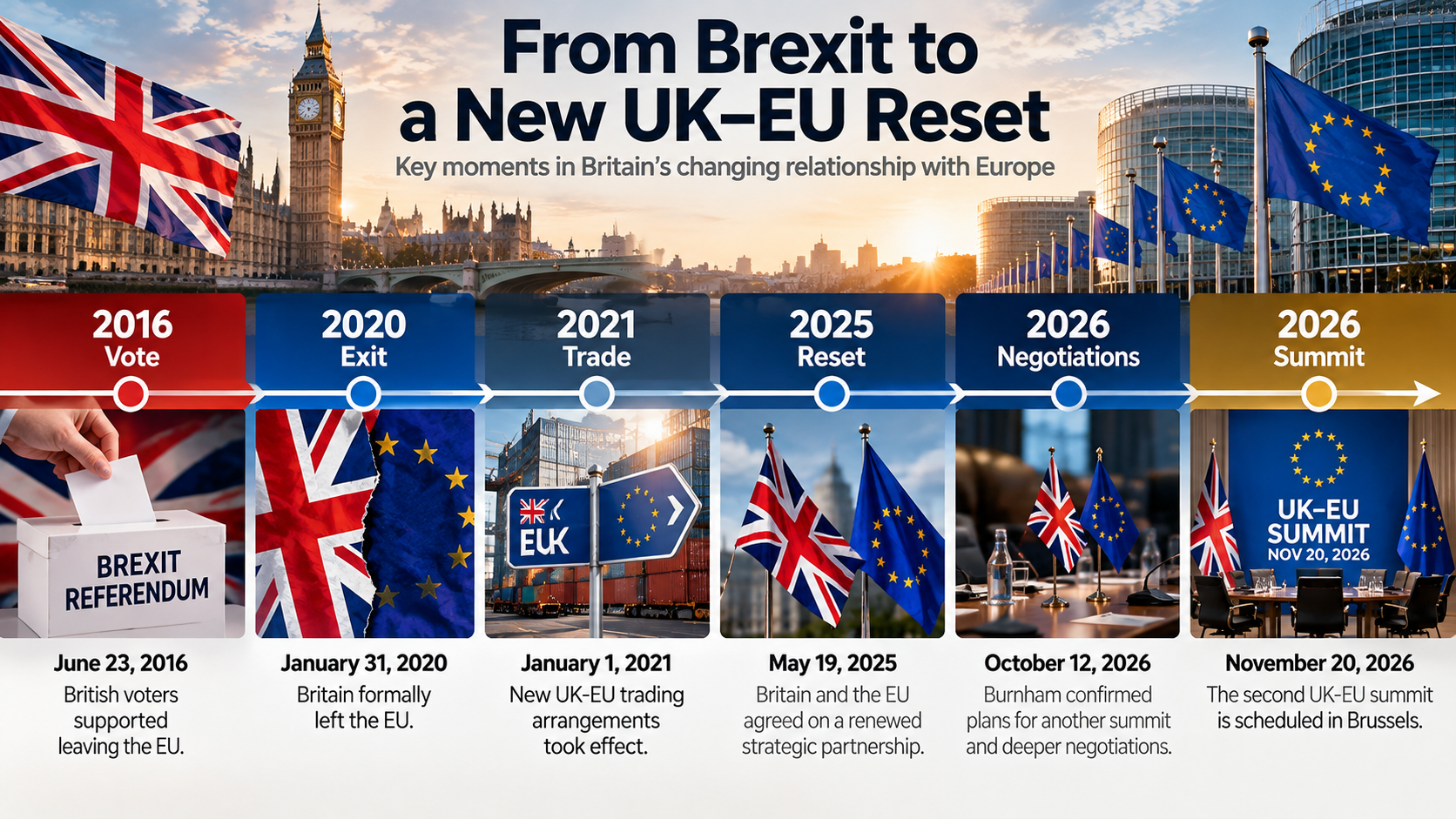 Timeline of Britain's Brexit referendum, EU withdrawal, new trade arrangements, and renewed negotiations in 2026.