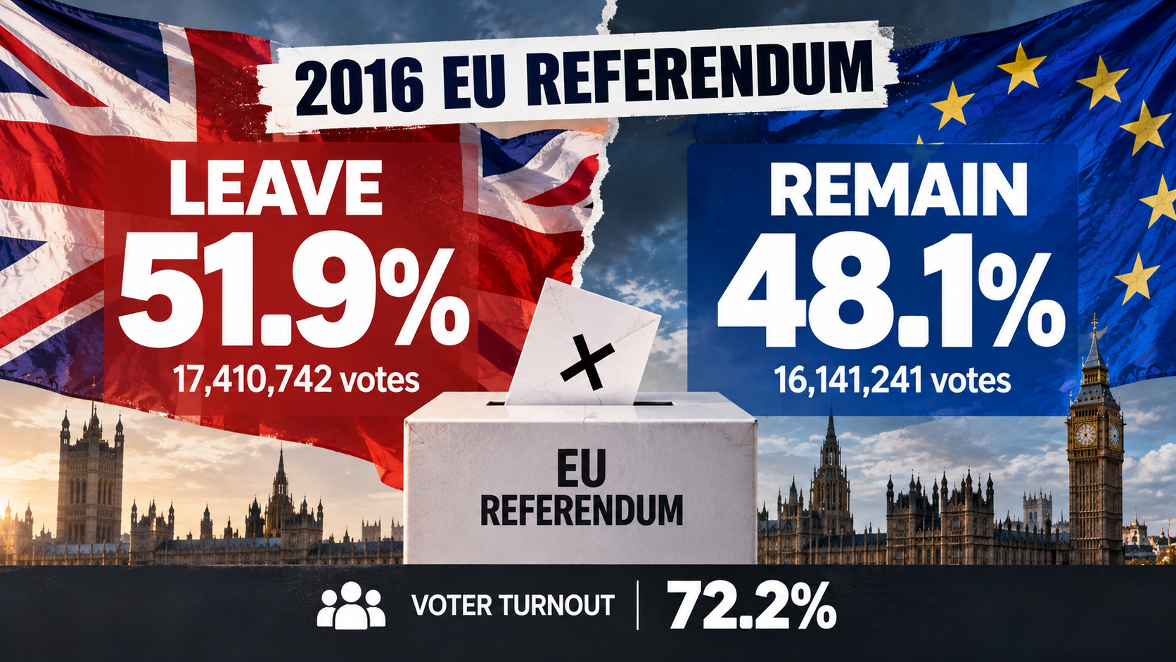 Infographic comparing the Leave and Remain vote shares in Britain's 2016 European Union referendum.