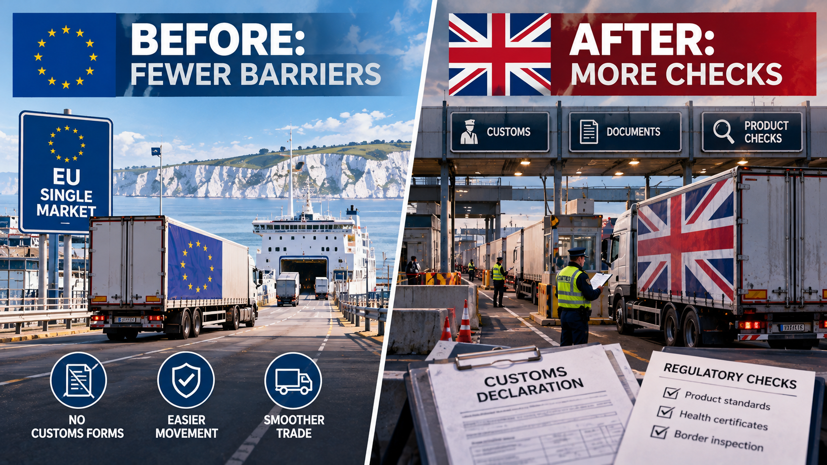Comparison of goods moving freely within the EU and British exports facing additional customs and regulatory checks after Brexit.