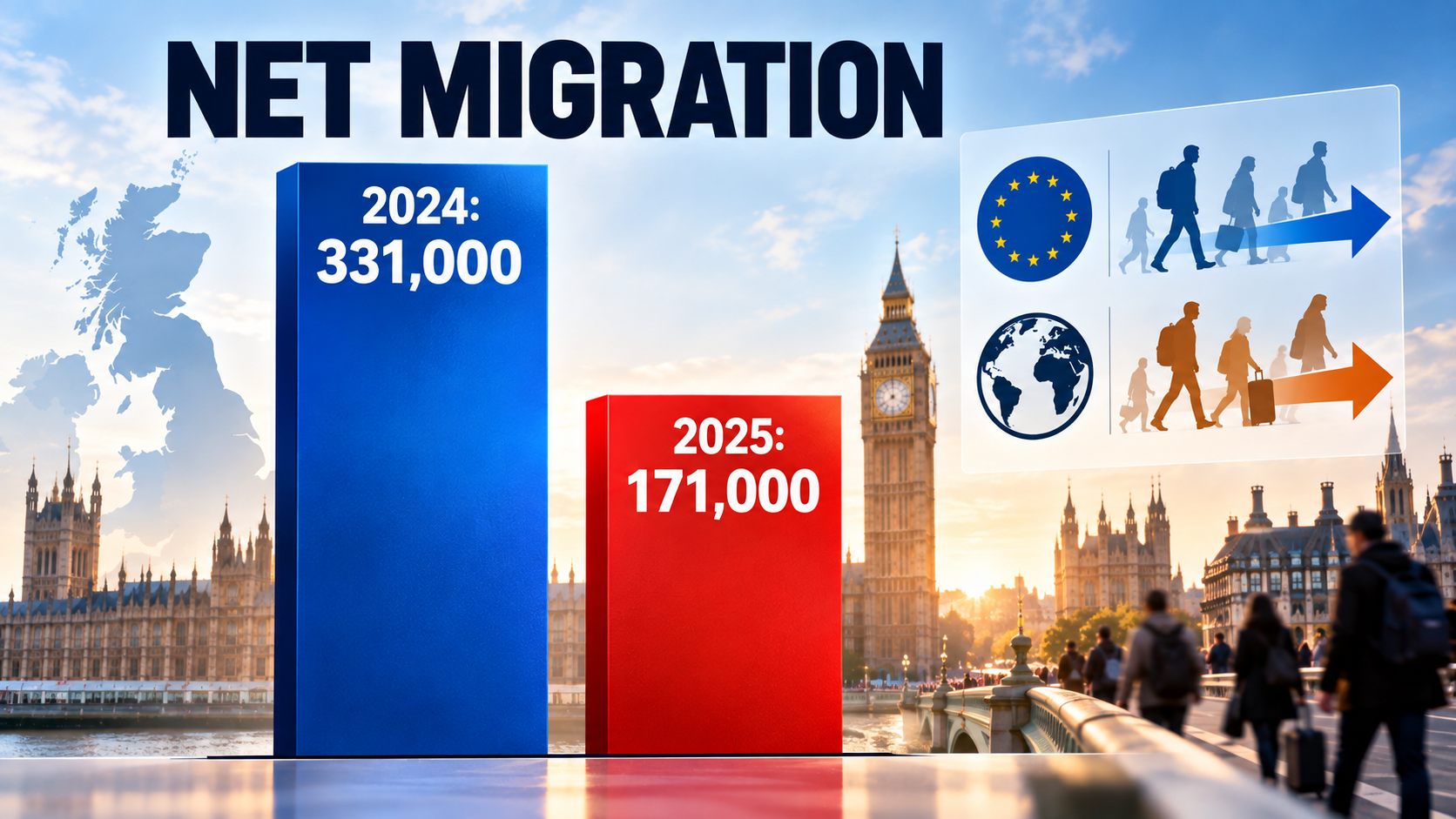 Bar chart comparing UK net migration in 2024 and 2025, alongside icons representing EU and non-EU migration.