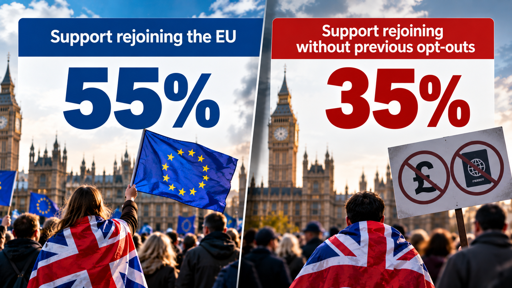 Infographic showing British support for rejoining the EU and how support changes when previous membership opt-outs are unavailable.