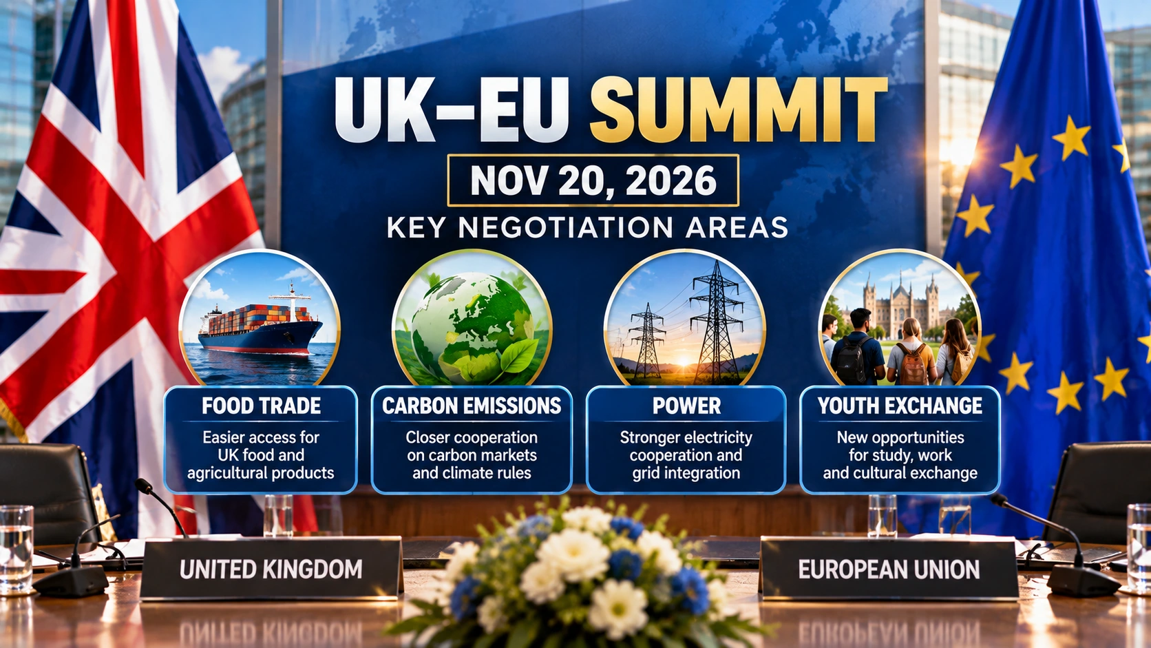 Infographic showing the UK-EU summit scheduled for November 20, 2026, and the main areas under negotiation.