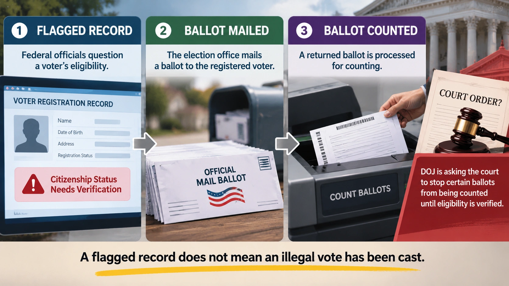 Diagram distinguishing a flagged voter registration, a mailed ballot, and a ballot actually returned and counted