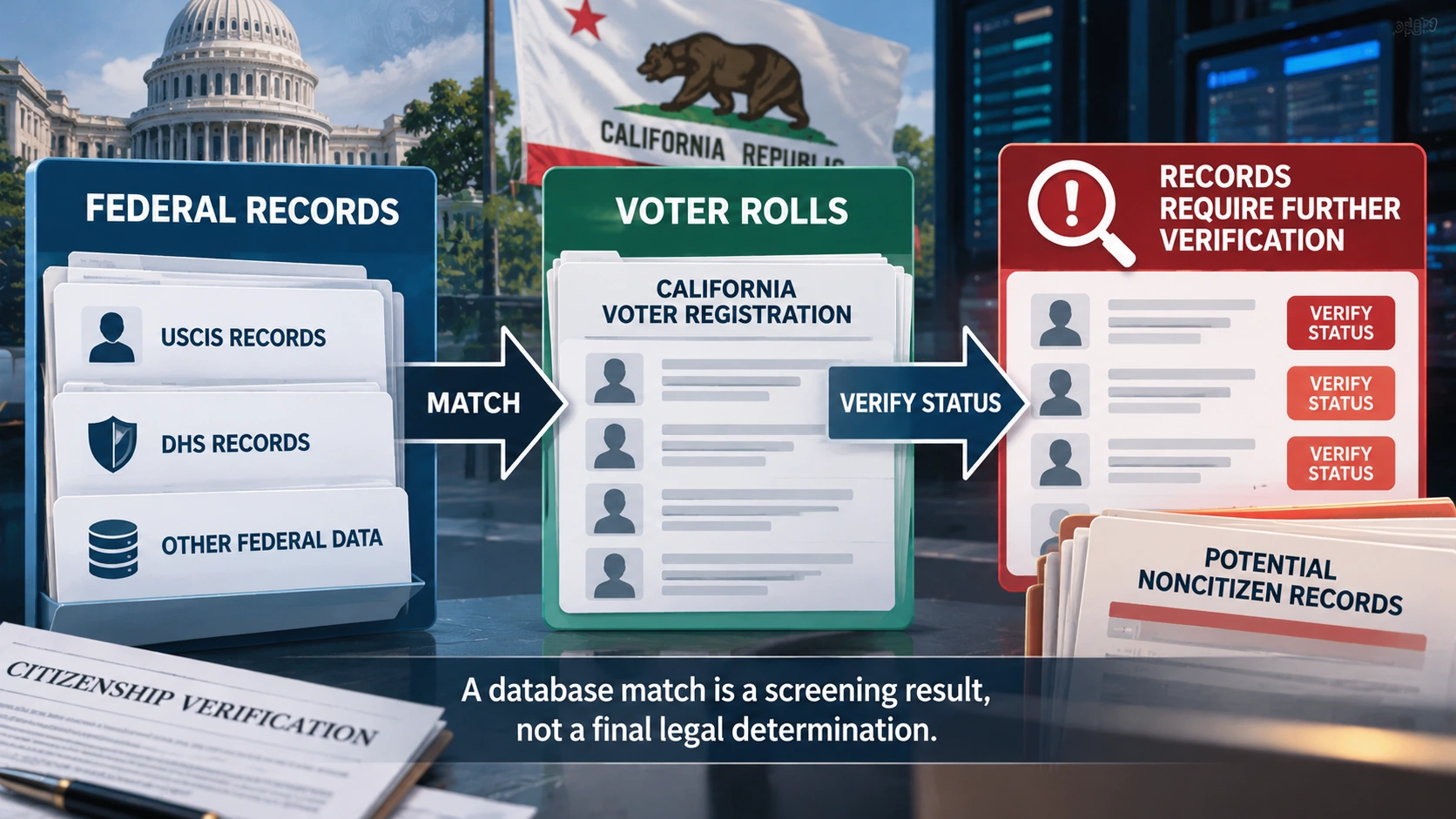 Flowchart showing federal citizenship records being compared with voter registrations and producing a list requiring further verification