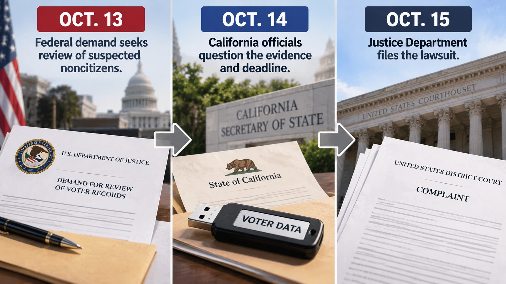 Timeline showing the federal demand on October 13, California's response, and the Justice Department lawsuit on October 15