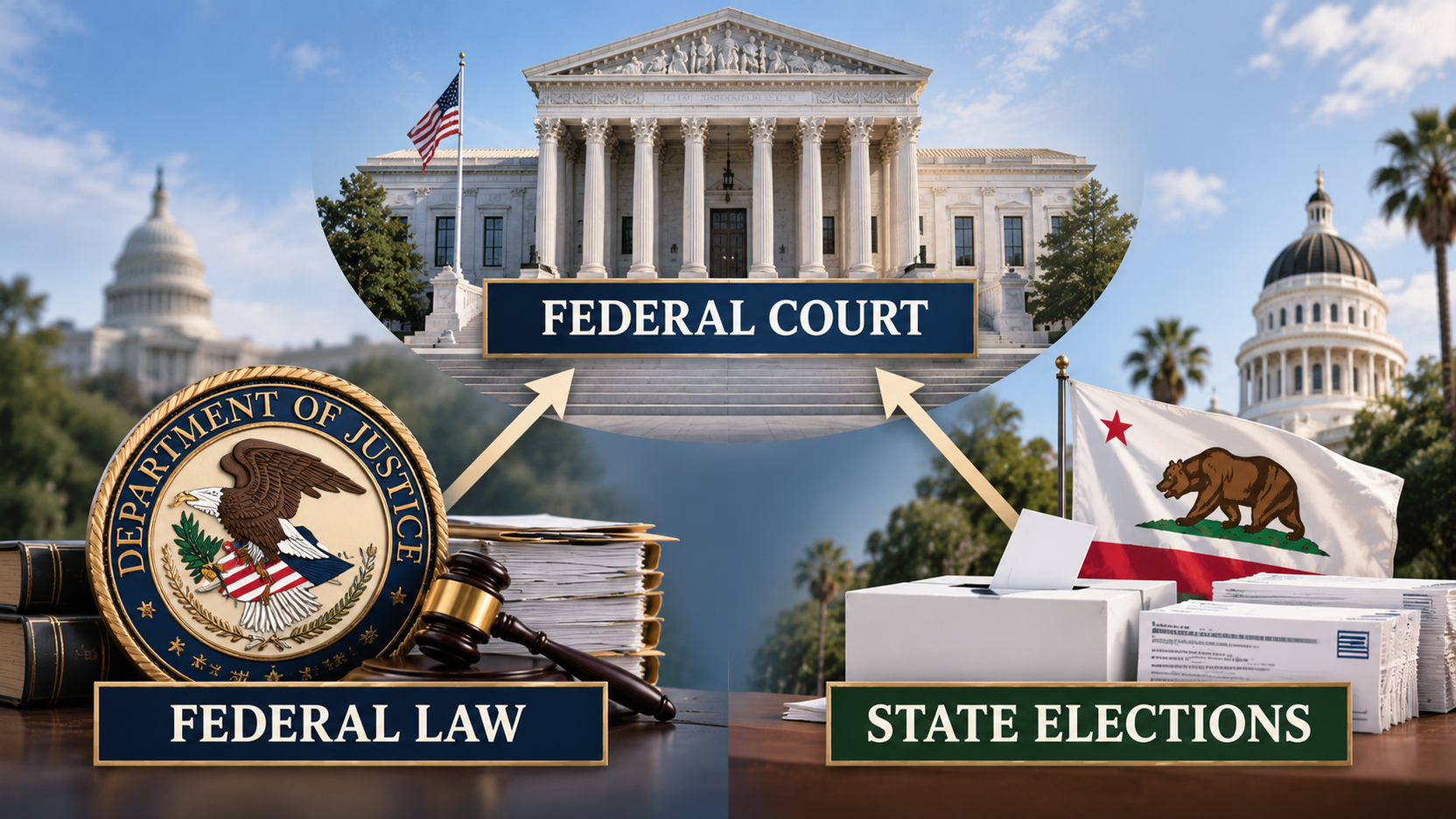 Diagram comparing federal enforcement authority, state election administration, and the federal court's role in resolving the dispute