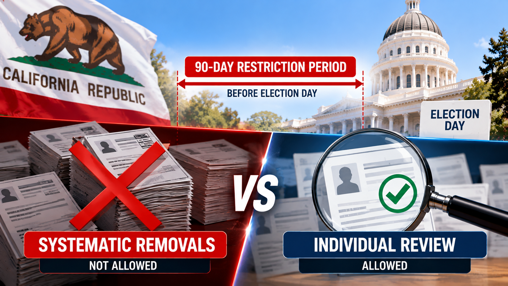 Calendar infographic explaining the federal 90-day restriction on systematic voter roll removals before an election