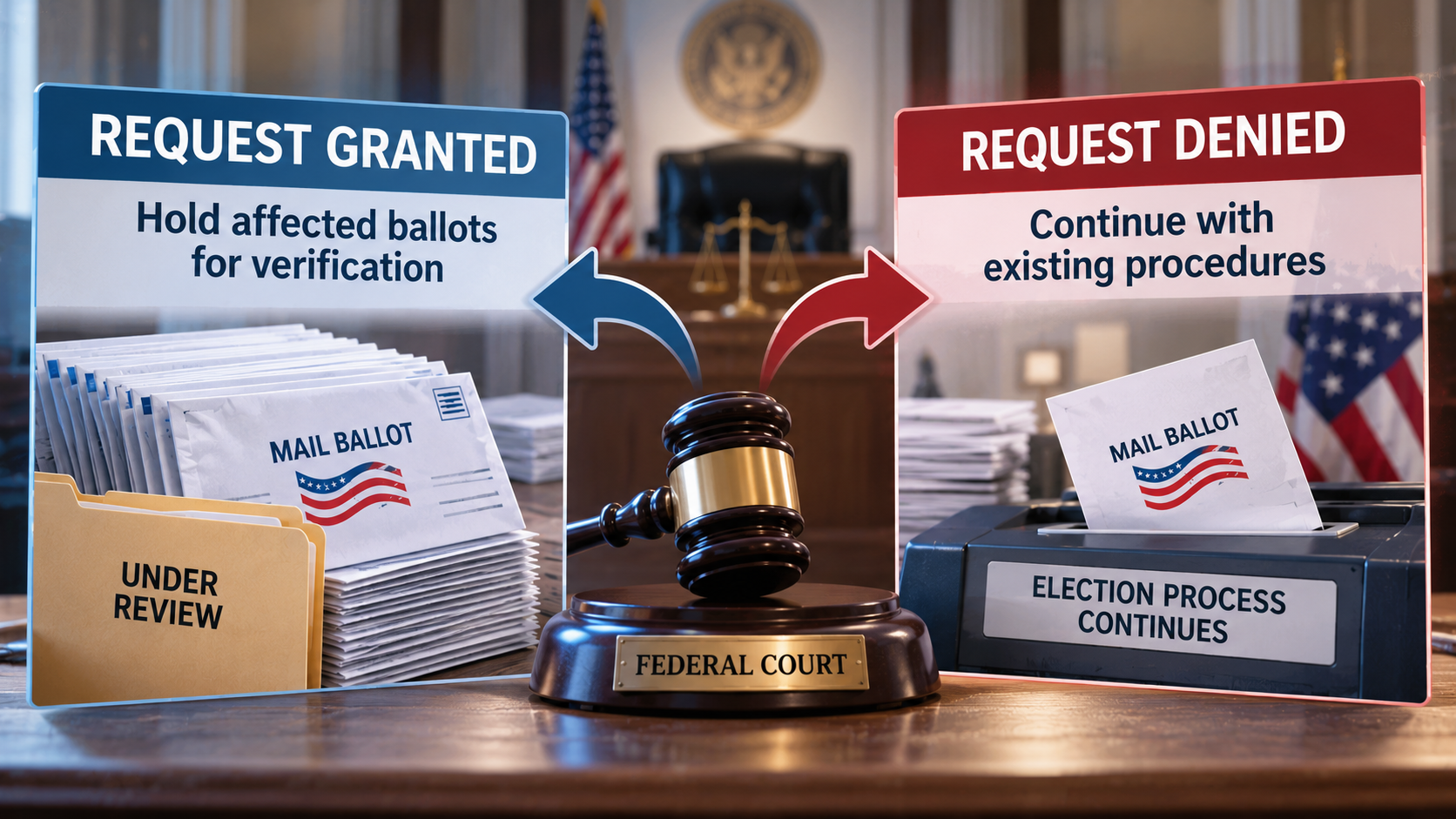 Decision tree showing the possible legal paths if a federal judge grants or denies the requested ballot-counting injunction