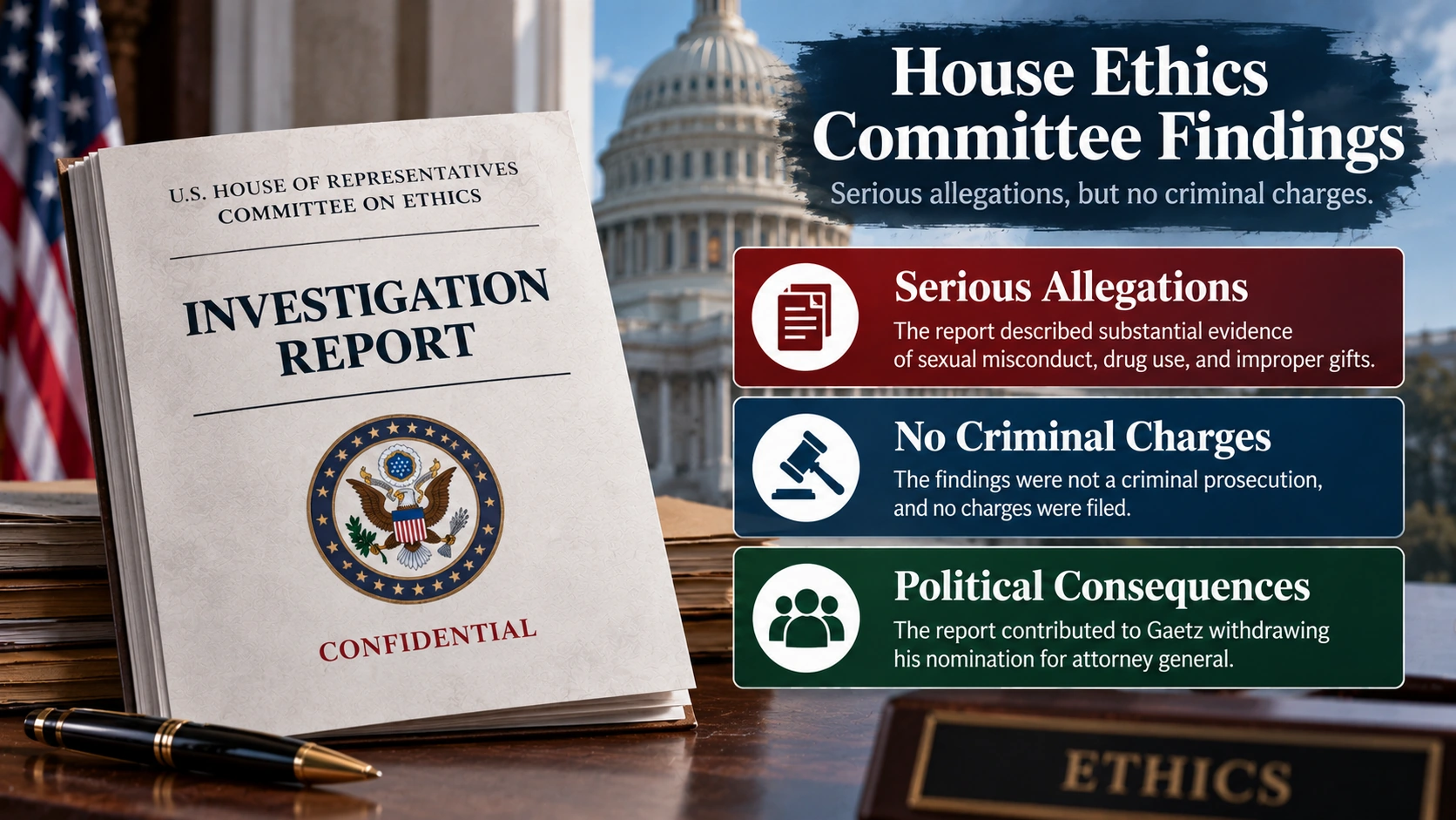 Infographic comparing the House Ethics Committee's findings of substantial evidence of misconduct with its finding of insufficient evidence of federal sex trafficking