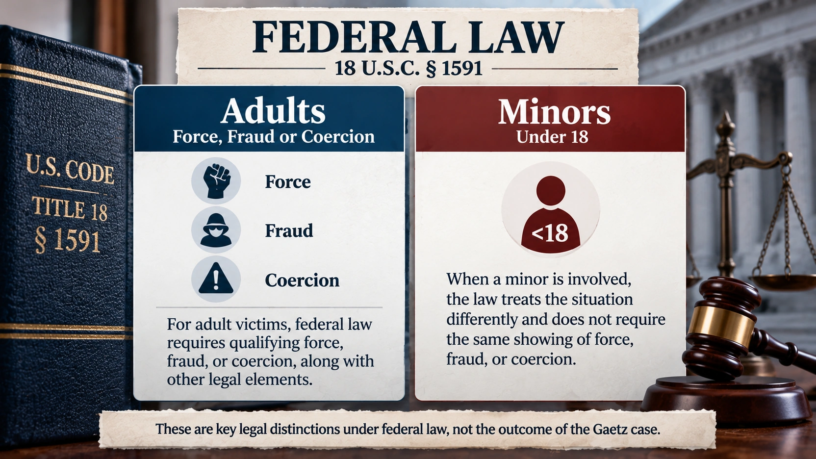 Legal infographic explaining how federal sex trafficking law distinguishes cases involving adults from cases involving minors