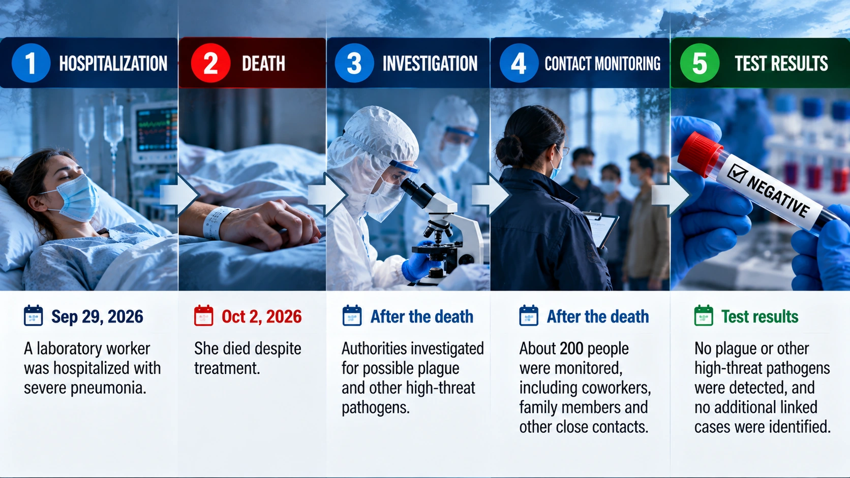 Timeline showing the hospitalization and death of a Russian laboratory worker followed by official responses and the WHO investigation