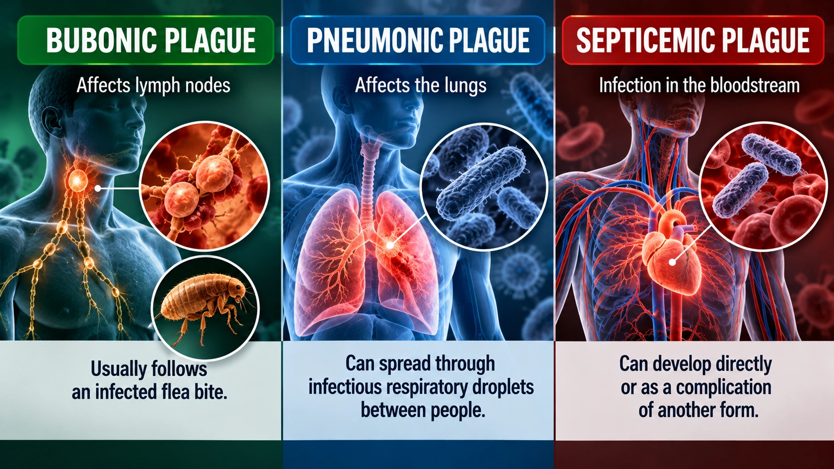 Medical infographic comparing bubonic plague, pneumonic plague, and septicemic plague by affected body system and typical transmission route