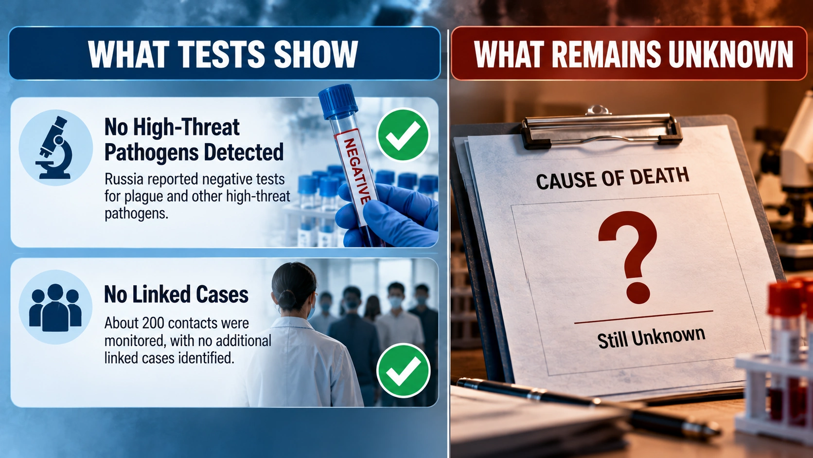 Diagram explaining why negative pathogen tests and a lack of secondary cases do not establish the cause of a laboratory worker's fatal pneumonia