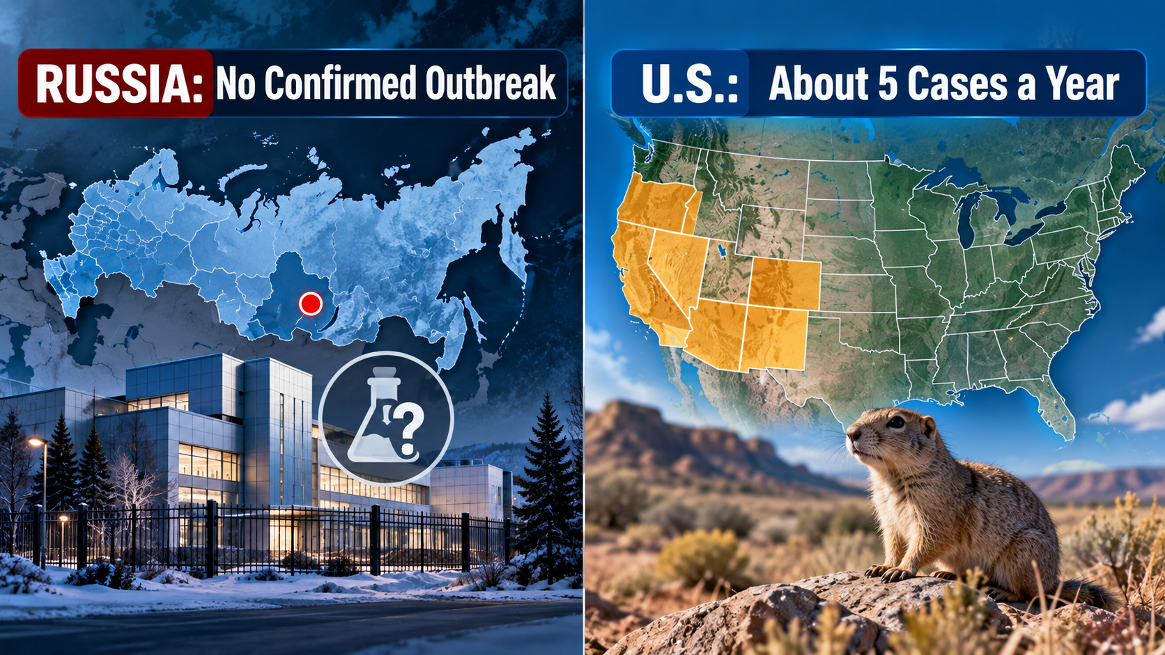 Infographic contrasting the unconfirmed Russian laboratory incident with the approximately five naturally occurring human plague cases reported annually in the United States