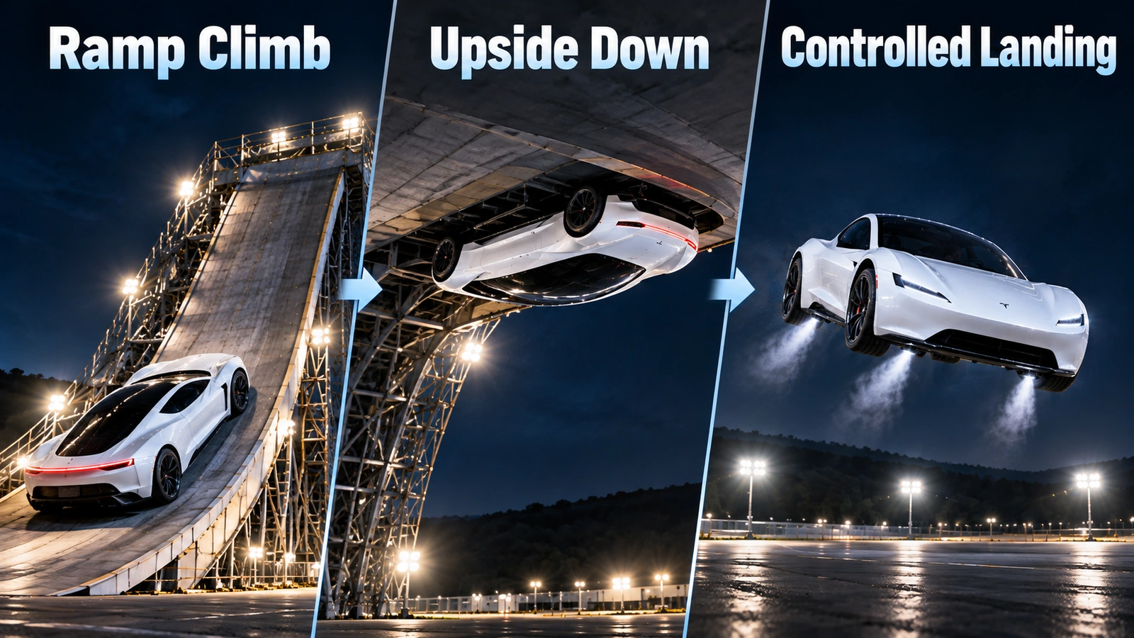 Three-stage illustration showing the Tesla Roadster climbing a curved ramp, becoming inverted, and rotating upright before landing