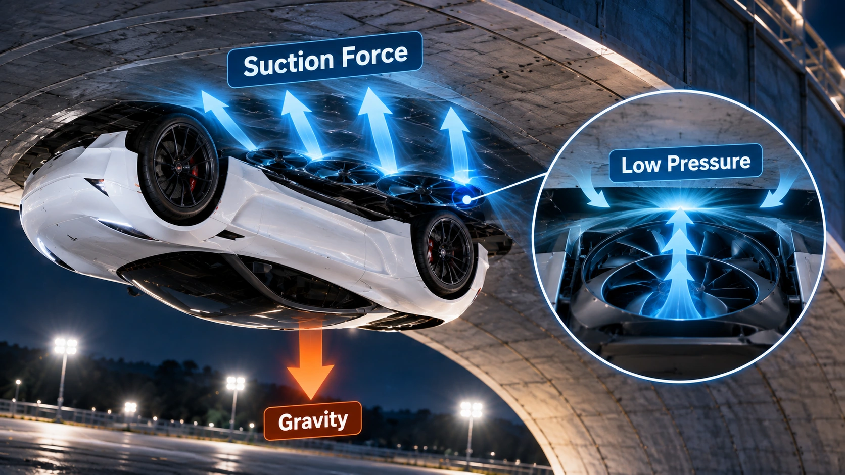 Cutaway diagram showing how powered fans and reduced air pressure hold a Tesla Roadster against an inverted ramp