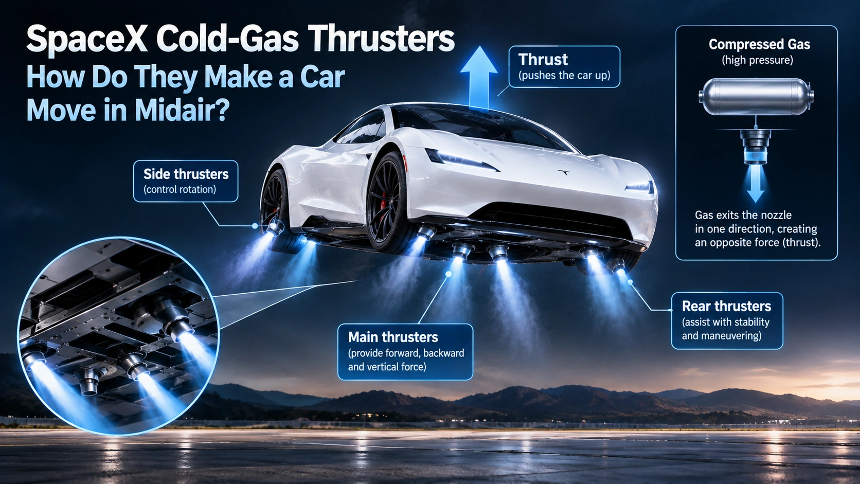 Technical illustration showing compressed-gas thrusters producing upward and rotational forces around a Tesla Roadster