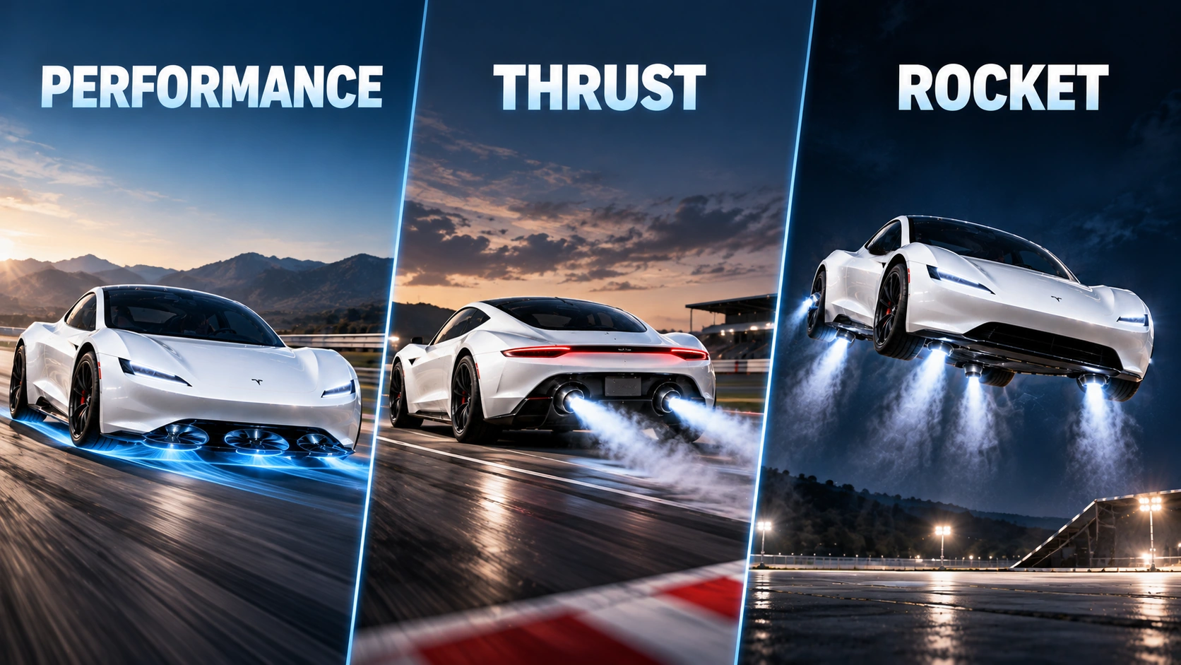 Comparison graphic of Tesla Roadster Performance, Thrust, and Rocket variants showing their different propulsion capabilities and seating