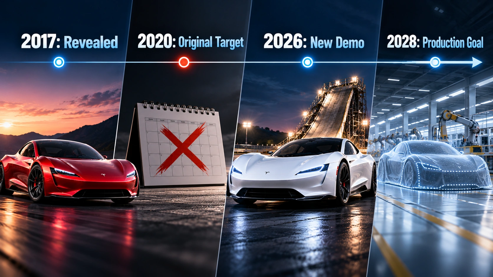 Timeline showing Tesla's second-generation Roadster announcement in 2017, original 2020 target, 2026 demonstration, and 2028 production goal