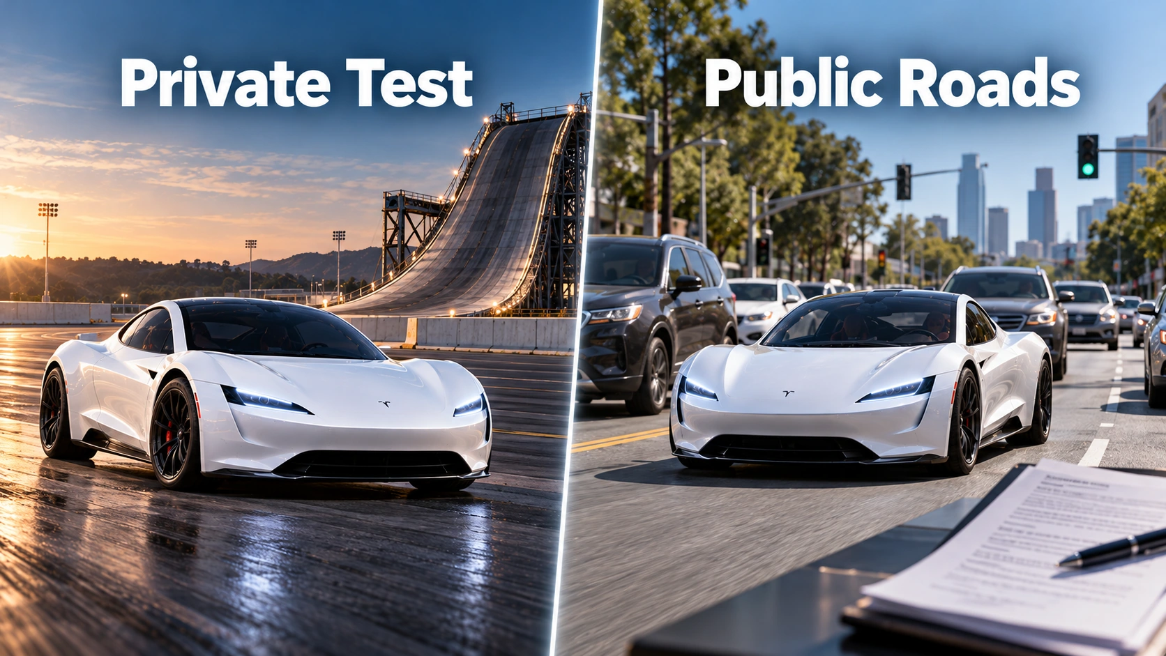 Comparison illustration showing a Tesla Roadster on a private demonstration track versus ordinary public roads subject to safety regulations