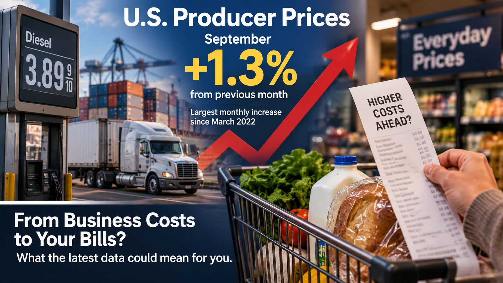 Editorial illustration showing a 1.3 percent wholesale inflation headline between fuel pumps, freight trucks, and a household shopping receipt