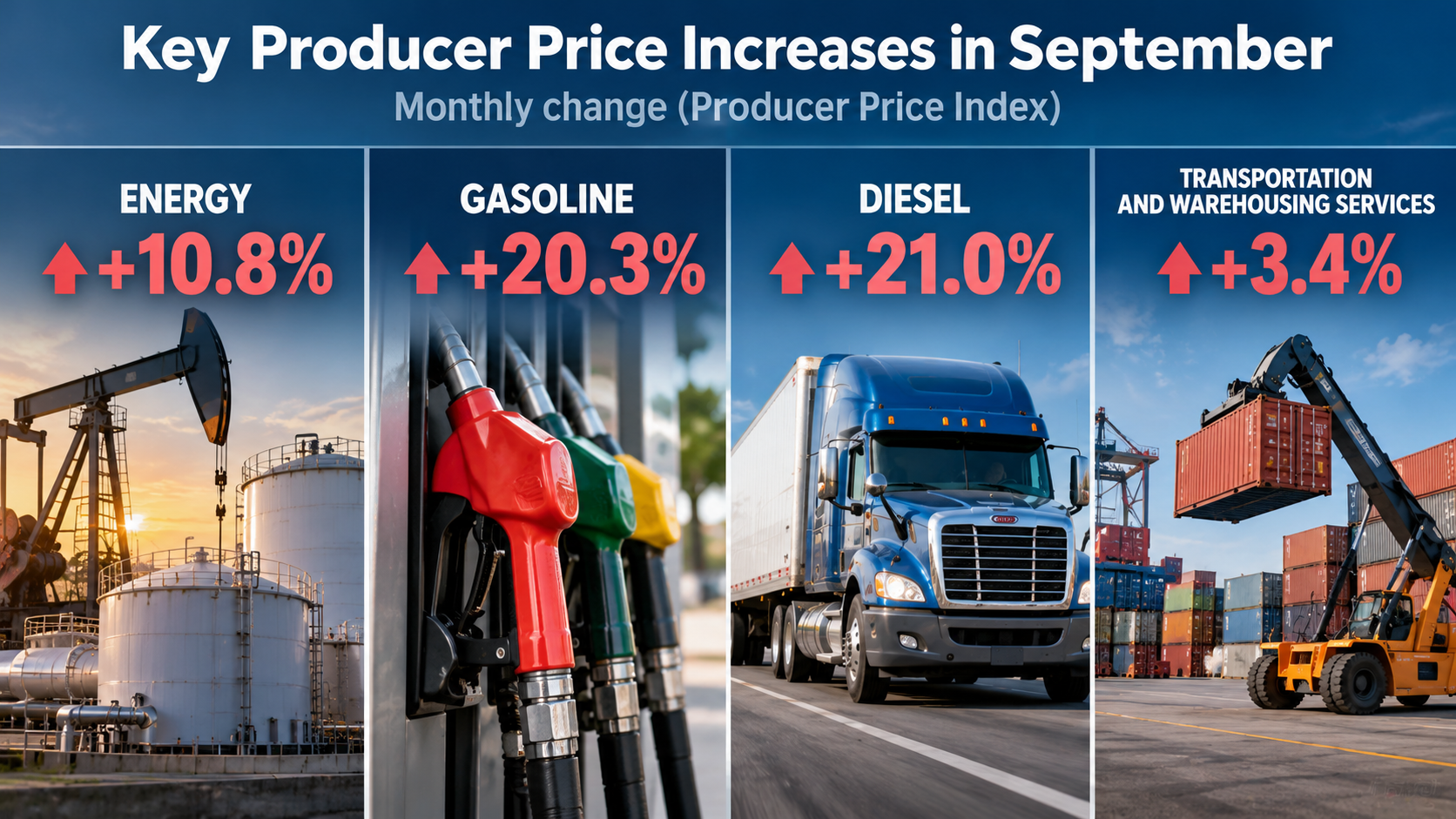 Infographic comparing September producer price increases for energy, gasoline, diesel, and transportation services