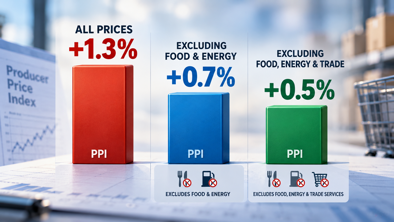 Comparison graphic showing headline PPI at 1.3 percent, PPI excluding food and energy at 0.7 percent, and the narrower core measure at 0.5 percent
