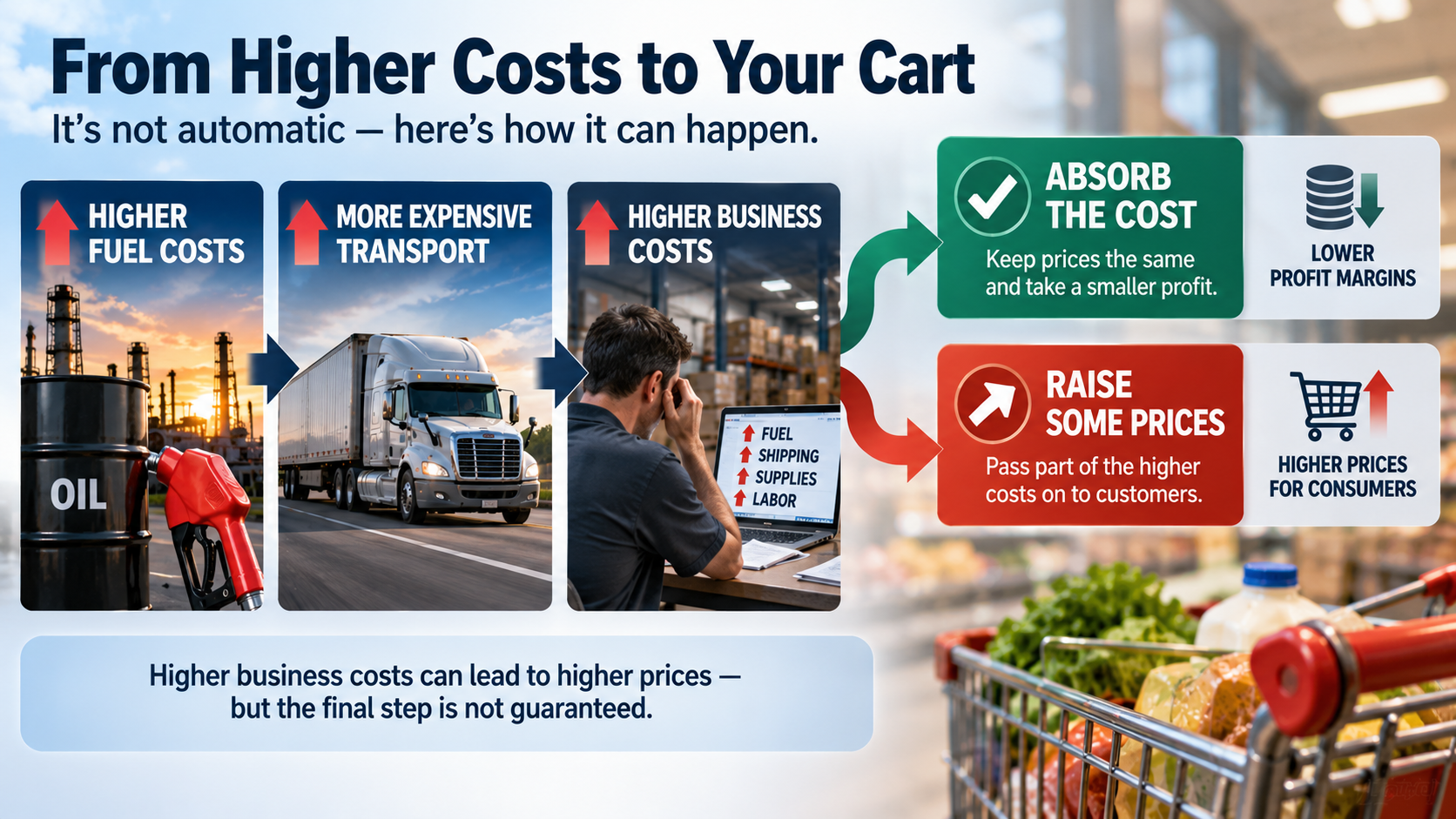 Decision flow showing higher fuel and freight costs reaching businesses, which can absorb costs or raise consumer prices