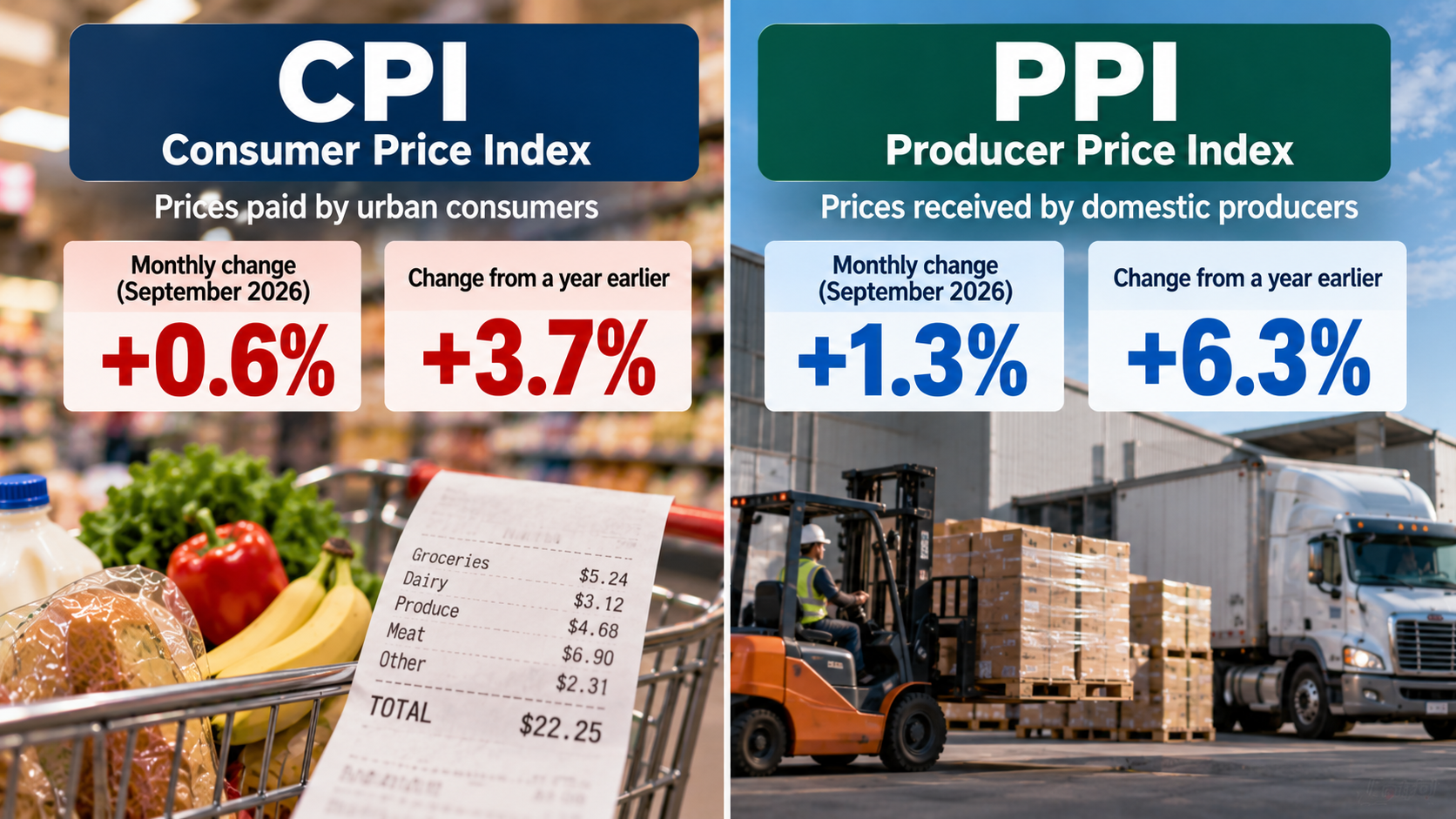 Side-by-side comparison of September 2026 producer inflation and consumer inflation using monthly and annual rates