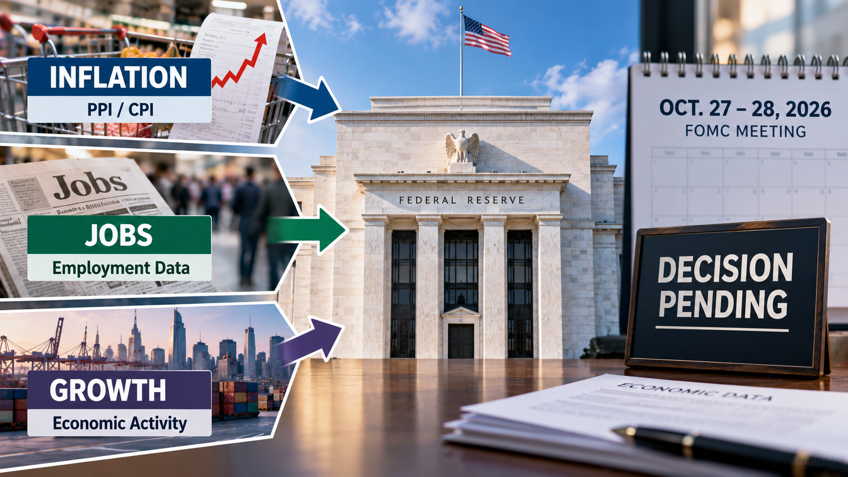 Flowchart showing inflation and employment data informing the Federal Reserve ahead of its October 27 to 28, 2026 policy meeting