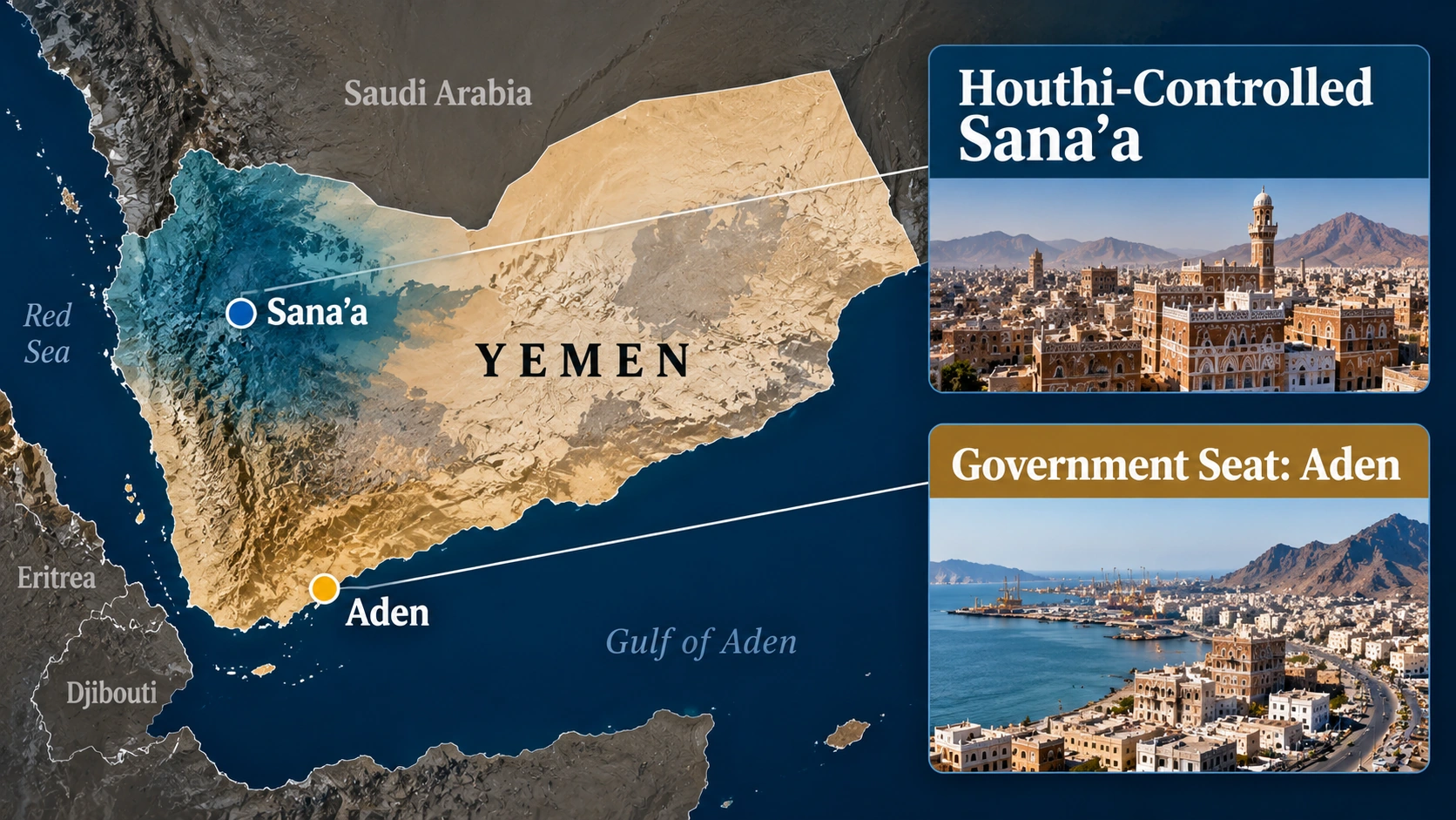 Schematic map of Yemen showing Houthi-controlled Sana'a in the north and Aden, the seat of the internationally recognized government, in the south.