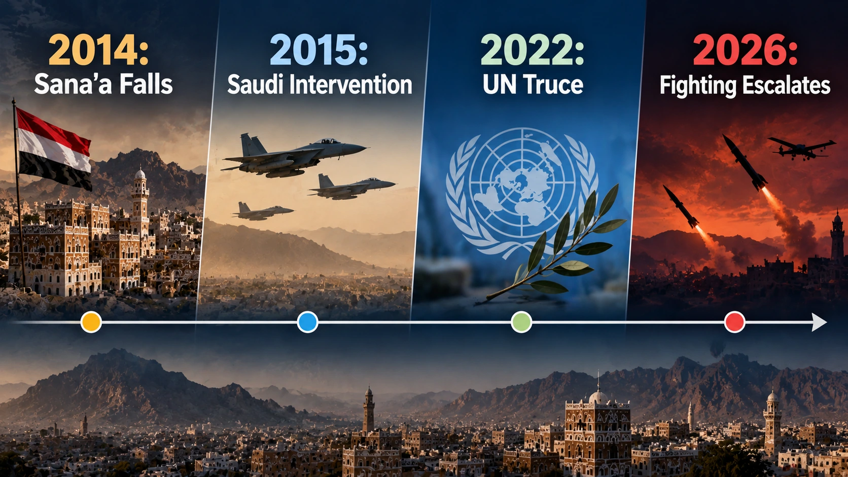 Timeline of Yemen's conflict from the Houthi takeover of Sana'a in 2014 to Saudi intervention in 2015, the 2022 UN truce, and renewed fighting in 2026.