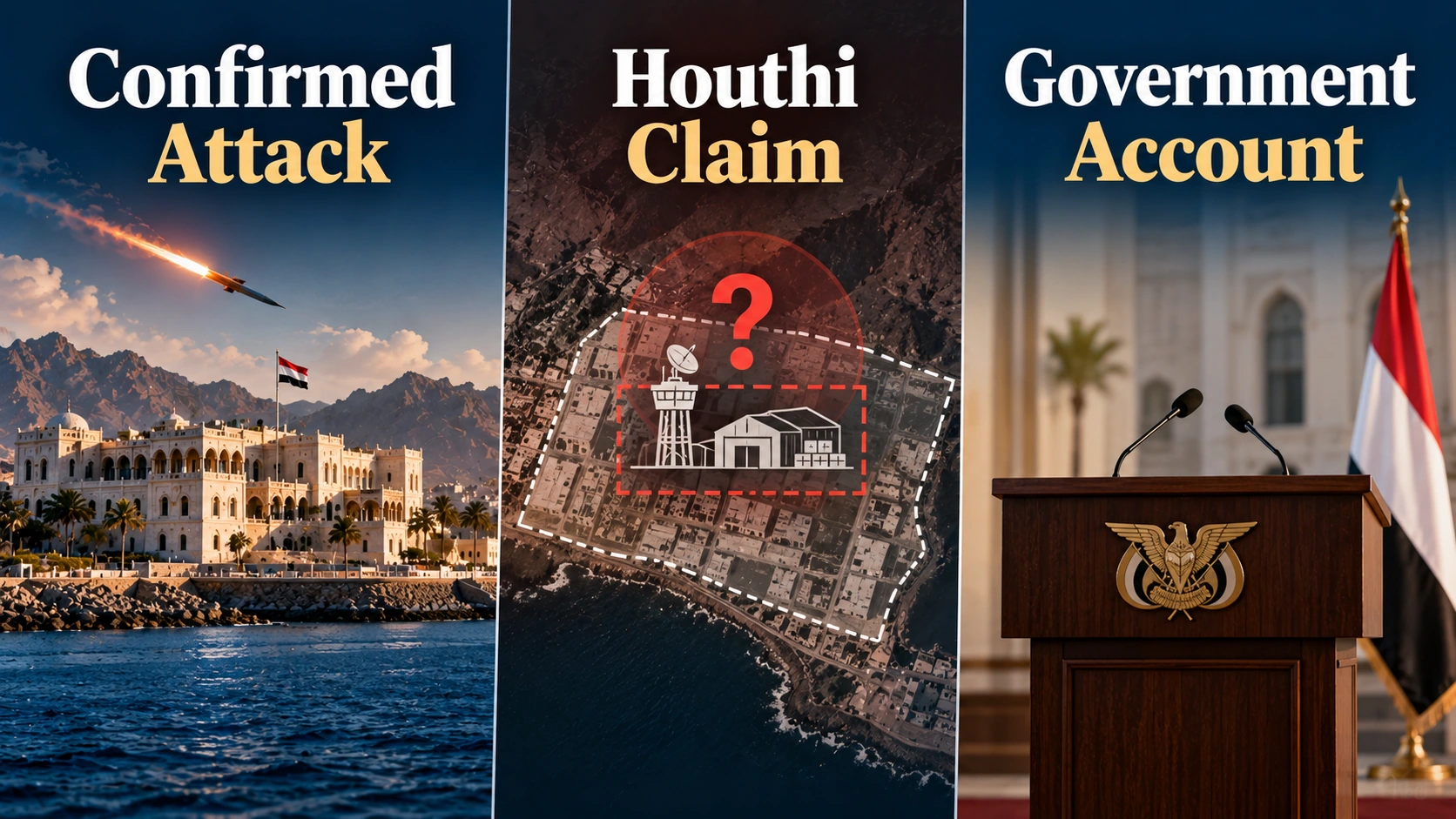 Three-panel infographic separating the confirmed Aden palace attack, the Houthis' claimed military target, and the Yemeni government's account.
