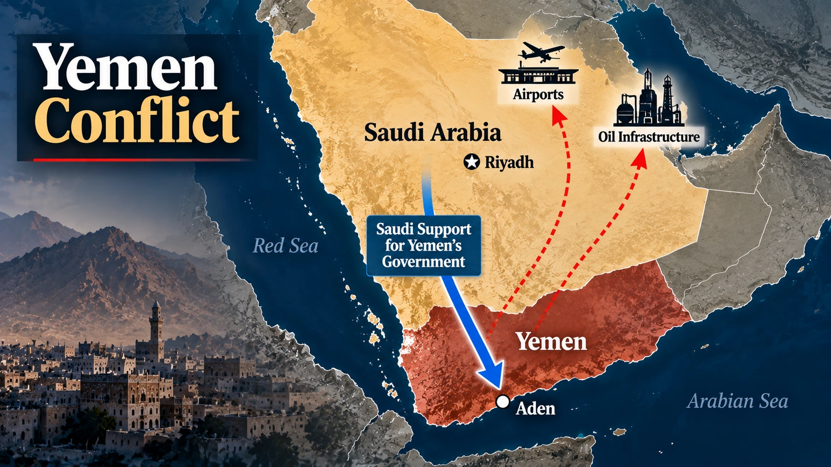 Regional infographic showing Houthi attacks threatening Saudi airports and oil infrastructure alongside the conflict in Yemen.