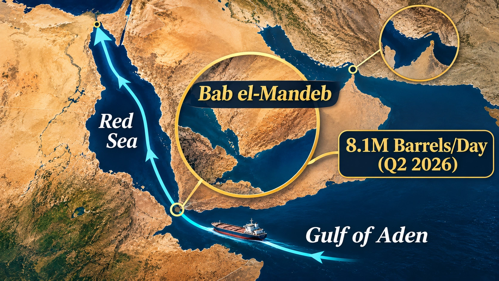 Map explaining the Bab el-Mandeb shipping route between the Gulf of Aden and Red Sea, with the Suez Canal and Strait of Hormuz shown for comparison.