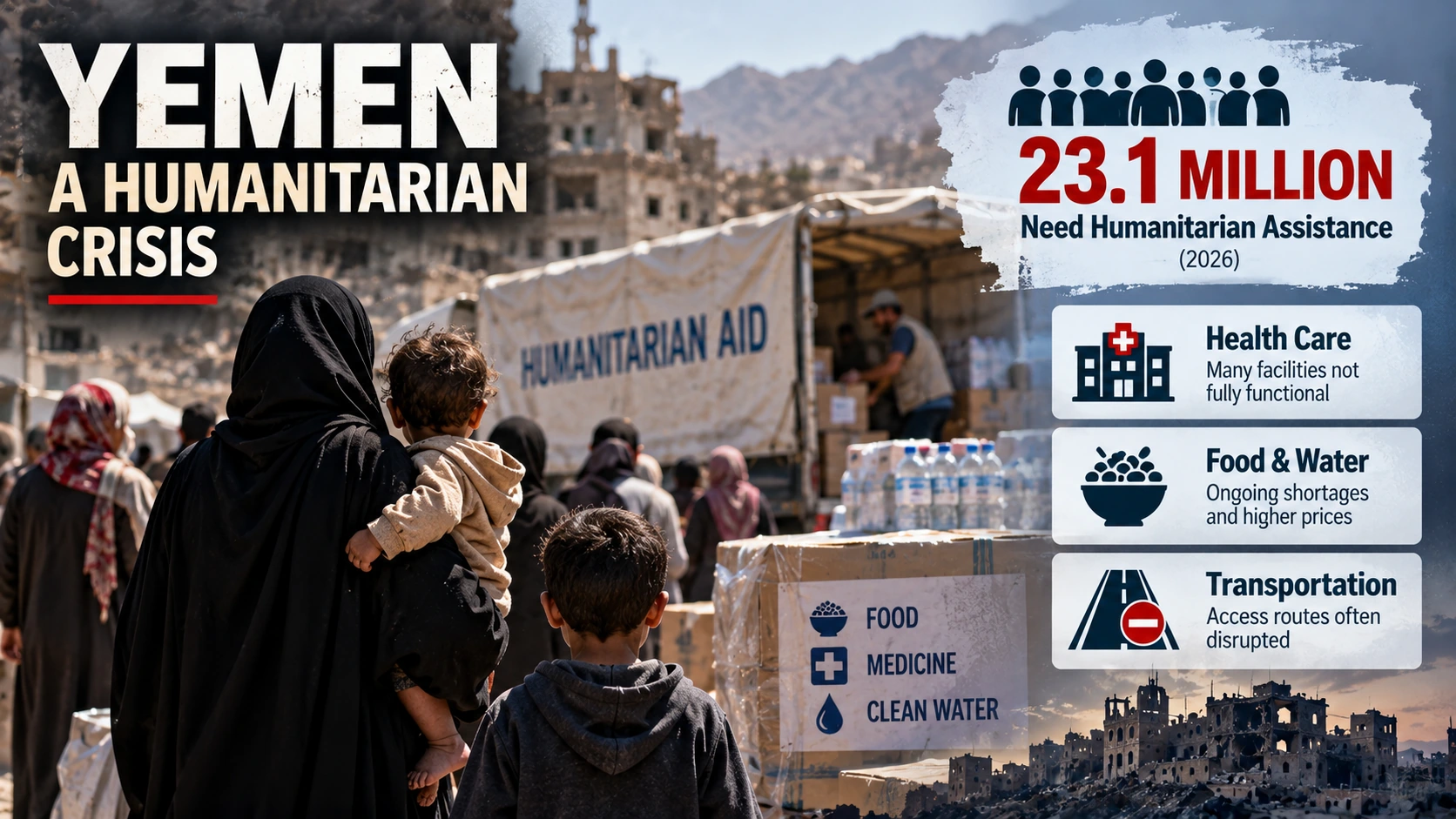 Humanitarian infographic illustrating the need for food, health care, and safe transportation during Yemen's prolonged conflict.