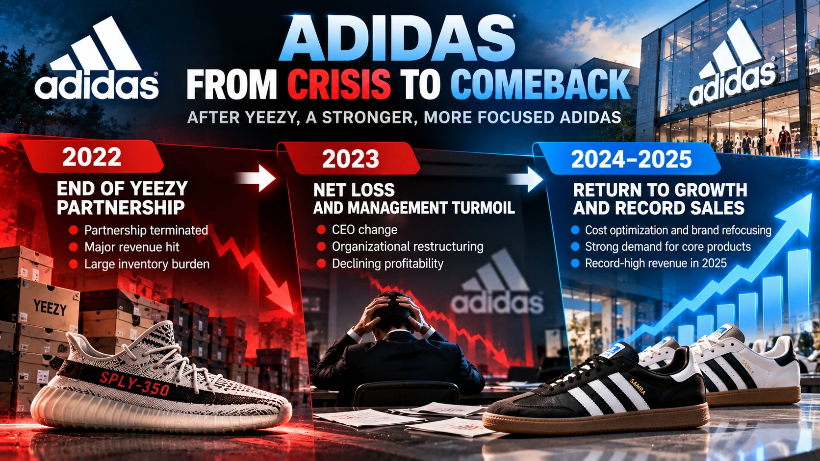 Timeline showing Adidas's Yeezy breakup in 2022, financial difficulties in 2023, and recovery to record sales in 2025