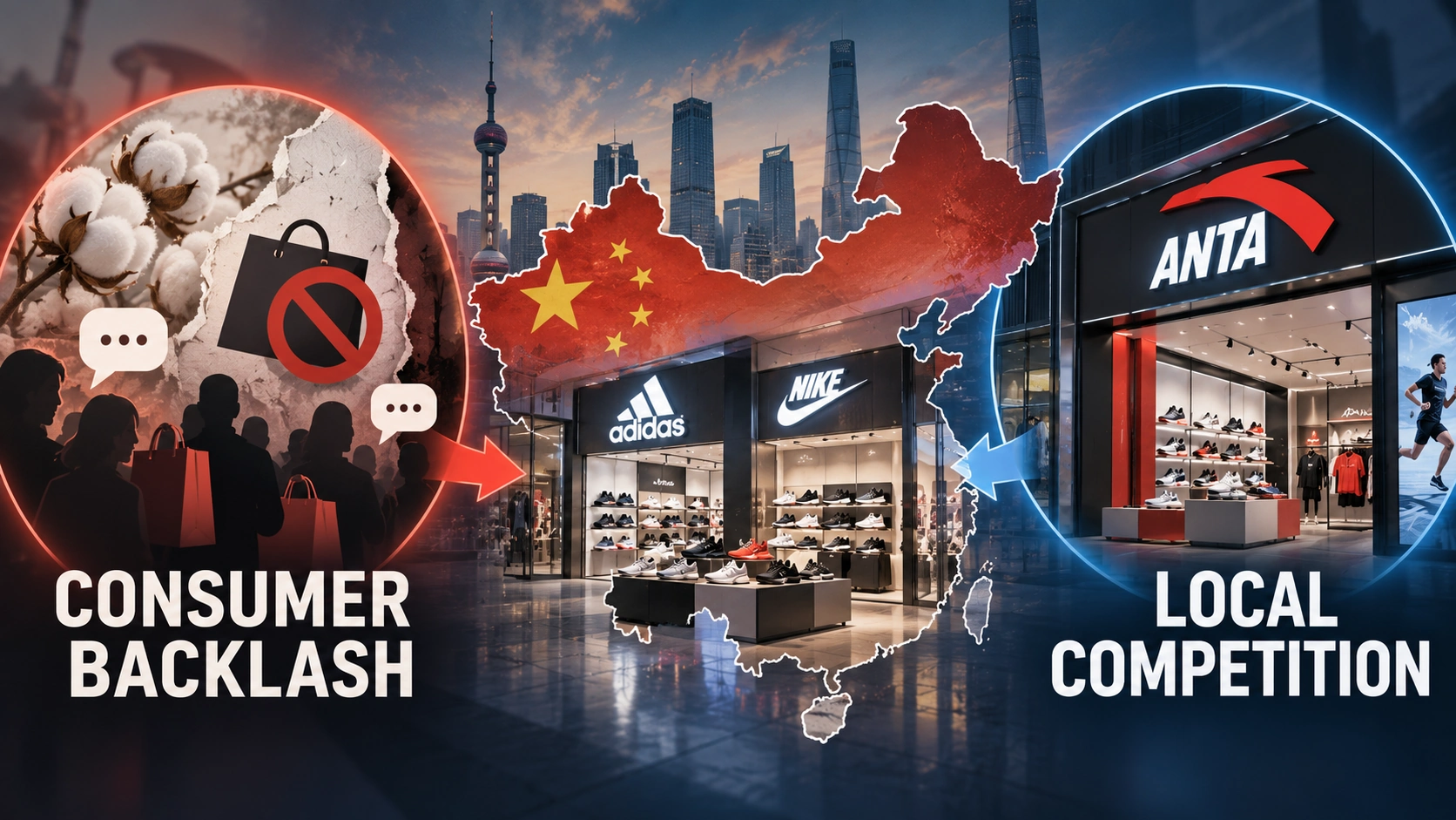 Editorial infographic illustrating Western sportswear brands facing consumer backlash and rising Chinese competitors