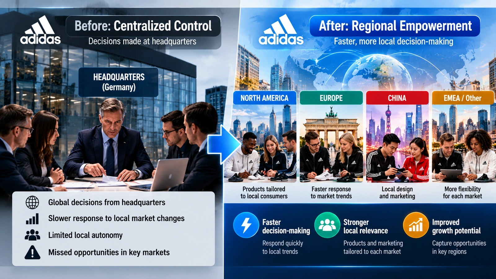 Before-and-after organizational diagram showing Adidas shifting from centralized decisions to regional product and marketing authority