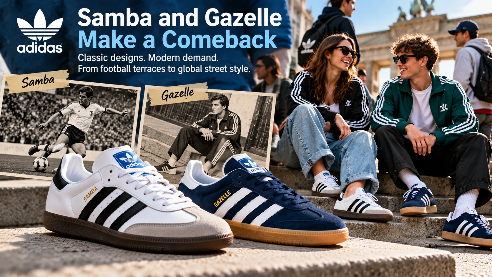 Editorial illustration showing vintage Adidas Samba and Gazelle sneakers becoming popular again through modern streetwear