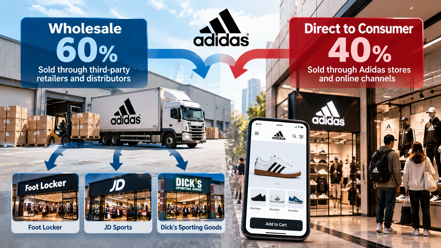 Infographic illustrating Adidas's 2025 sales-channel mix of 60 percent wholesale and 40 percent direct-to-consumer