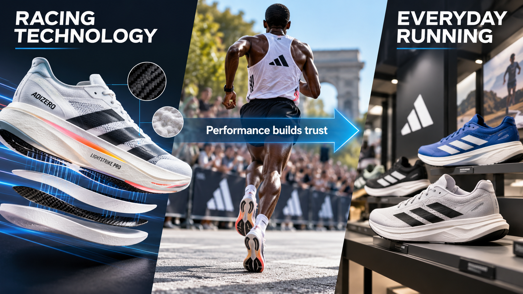 Editorial infographic connecting Adidas's elite Adizero marathon racing shoes with its everyday running shoe range