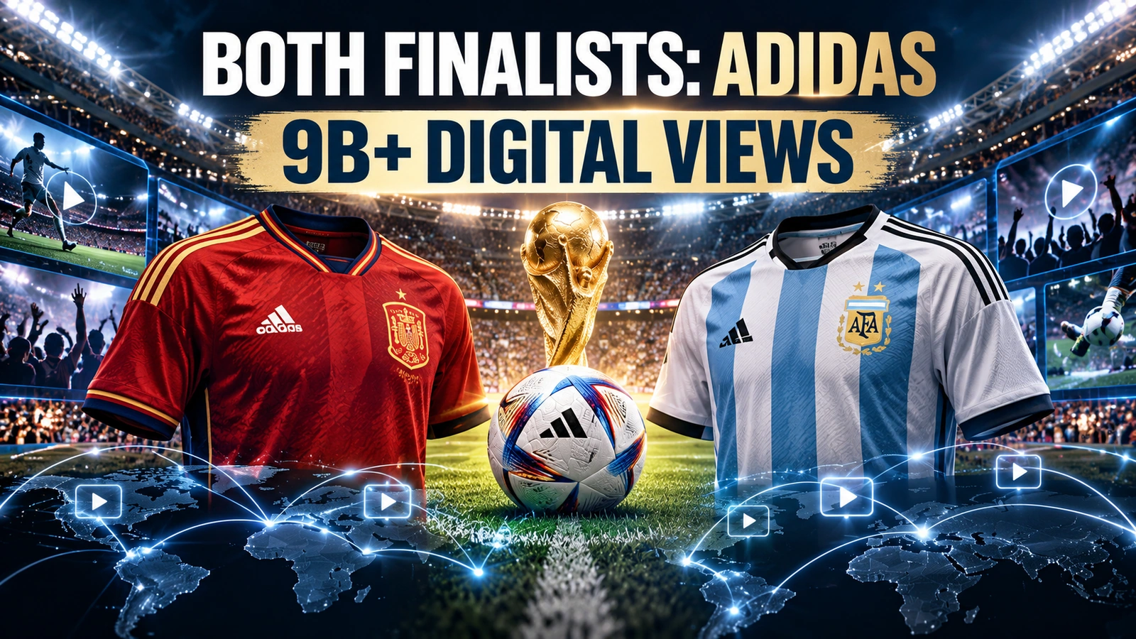 Editorial illustration of the 2026 World Cup final between Adidas-sponsored Spain and Argentina alongside a global marketing reach graphic