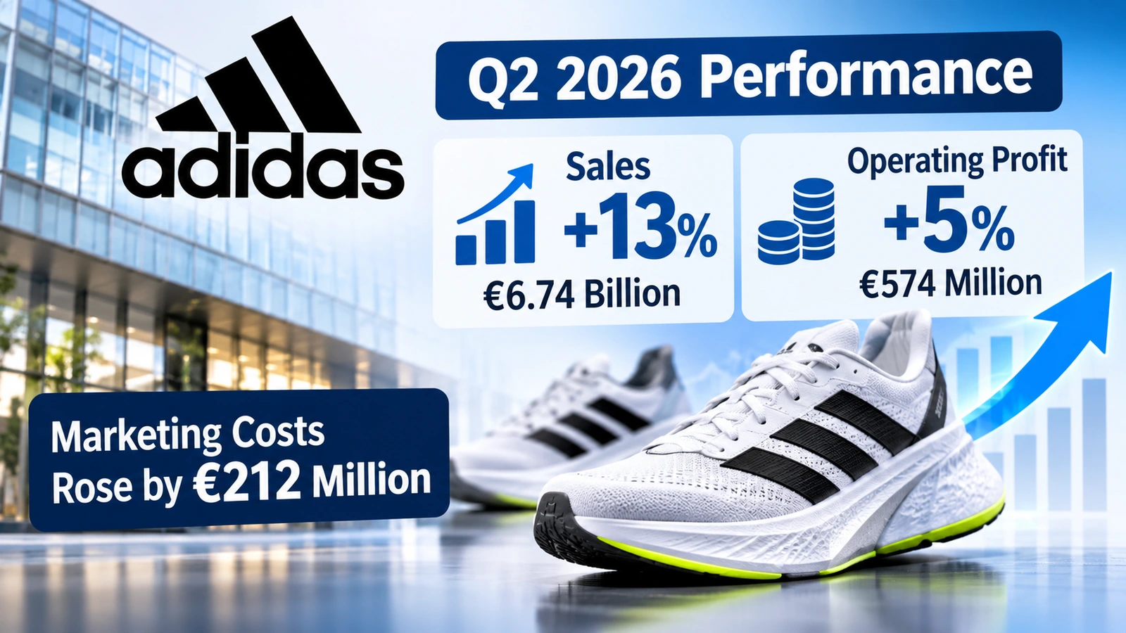 Financial infographic comparing Adidas's record second-quarter 2026 sales with rising marketing costs and slower operating profit growth