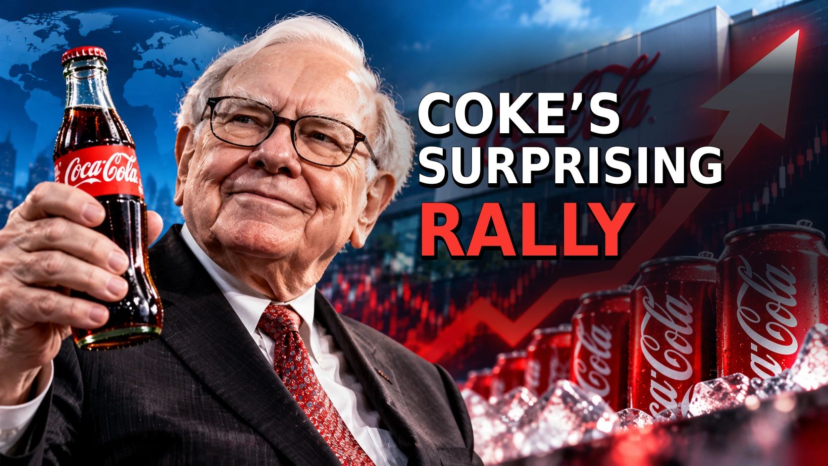Editorial illustration of Warren Buffett beside a Coca-Cola bottle and a rising stock chart